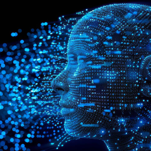 Digital human disintegrating into data.